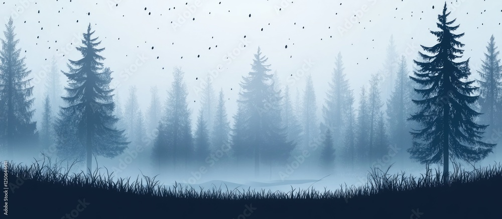 Aufkleber Scenic winter forest landscape with fog and falling snow creating a serene atmosphere and ample space for text overlay or design elements