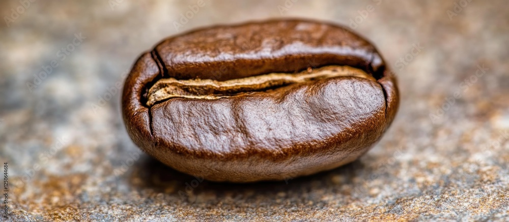 Poster Macro shot of a single roasted coffee bean showcasing its rich texture and color on a rustic background