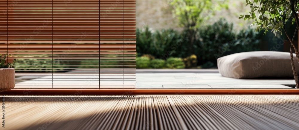 Poster Wooden roller shutters at a glass window overlooking a serene garden, showcasing natural light and modern design elements in interior decor.