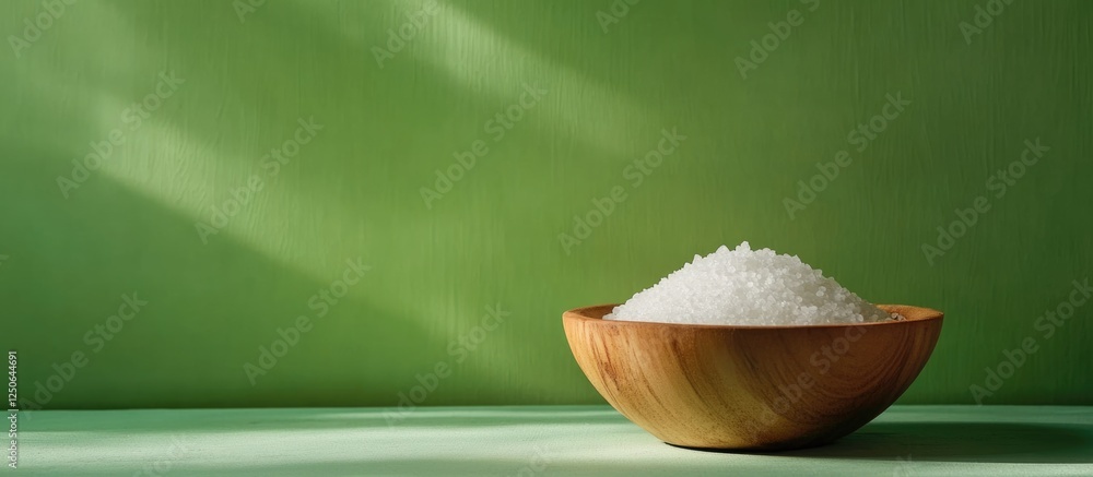 Poster sea salt in a wooden bowl on a vibrant green background with ample blank space for design or text pl