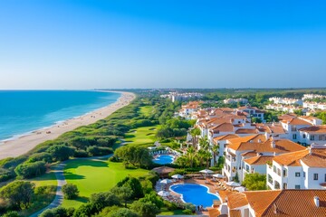 Naklejka premium A luxury beach resort with multiple pools and a golf course on the right side of the frame, surrounded by greenery and sandy beaches. The clear blue sky above