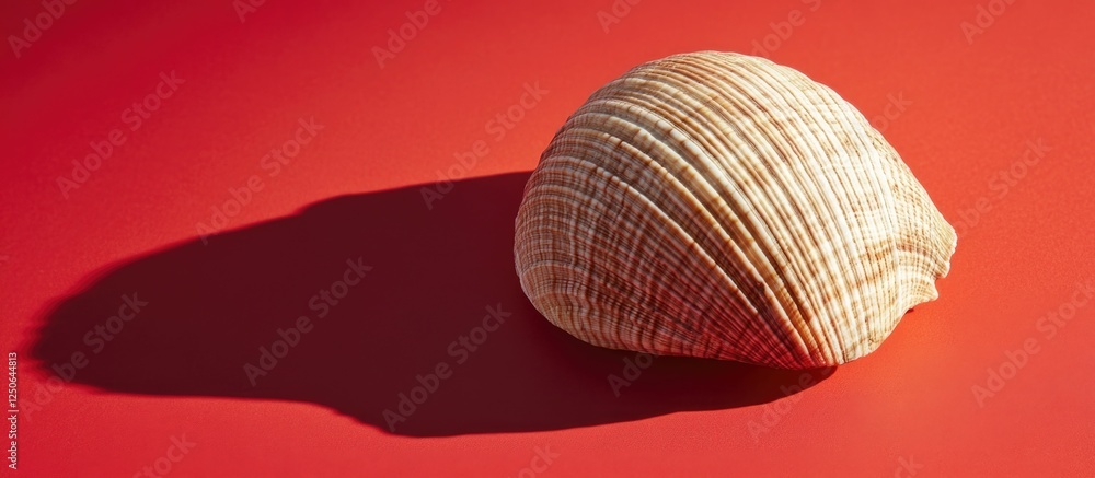 Poster Close-up of a sea shell casting a shadow on a bright red background showcasing texture and natural beauty in a minimalist design.