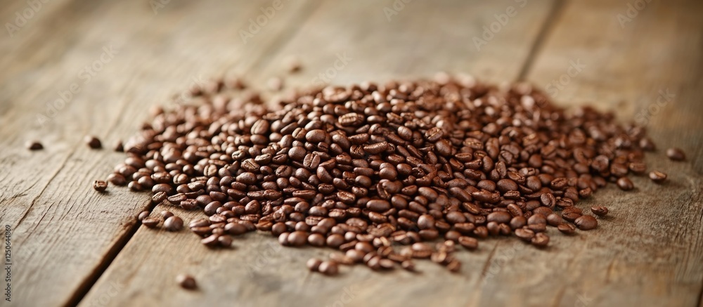 Poster freshly roasted coffee beans arranged on a rustic wooden table showcasing their rich color and textu