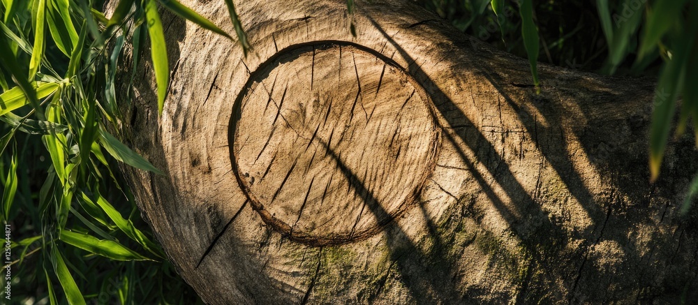 Poster Scar on willow tree bark highlighting sawed branch marks with surrounding greenery in natural light setting.