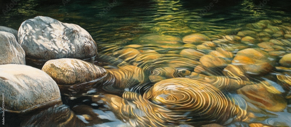 Poster Smooth river rocks submerged in clear water reflecting sunlight with ripples creating a serene and tranquil natural landscape.