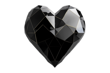 Geometric black heart with gold accents, angular patterns and smooth finish isolated on white transparent background. Concept of modern design and love