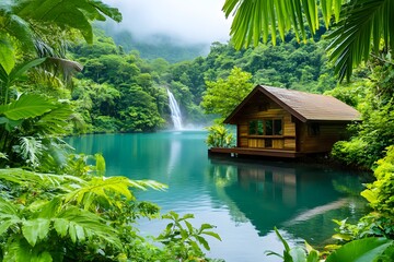 Obraz premium A small wooden house nestled in the heart of an idyllic tropical rainforest, surrounded by lush greenery and a serene blue lagoon with gentle waterfalls cascading down its edges