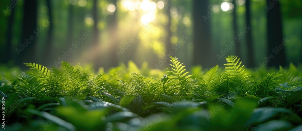 Poster lush green foliage in a sunlit forest creating a tranquil and serene natural atmosphere with sunligh