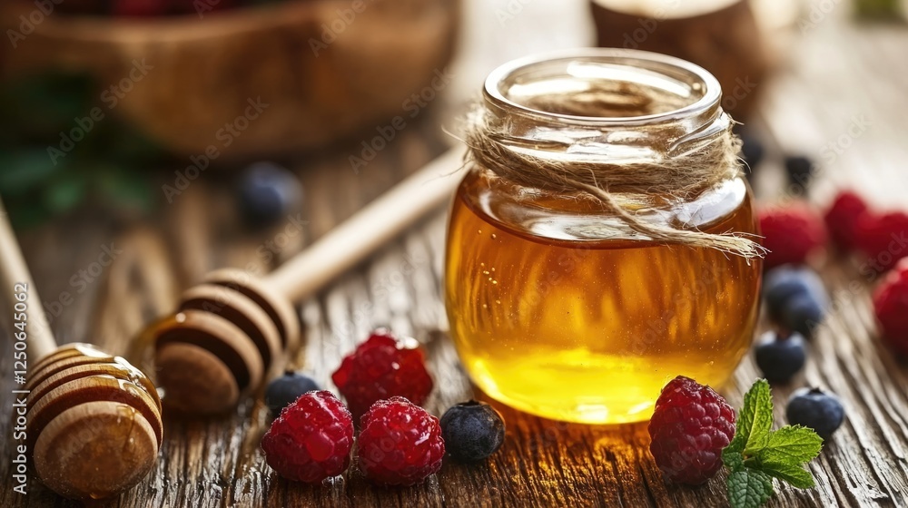 Aufkleber rustic pancakes drizzled with honey and topped with fresh berries for a delicious breakfast table se