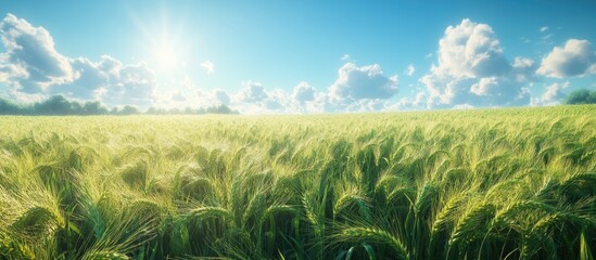Lush green wheat field under a bright blue sky with fluffy clouds and sunlight illuminating the expansive landscape.
