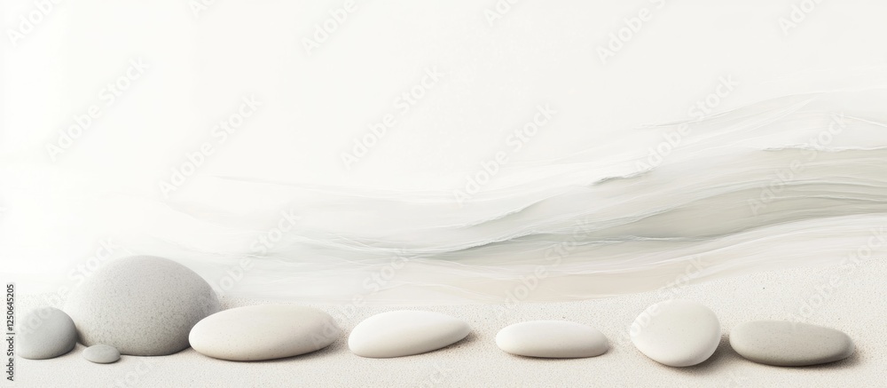 Poster smooth gray stones arranged on a serene beach with gentle waves creates a tranquil, minimalist coast