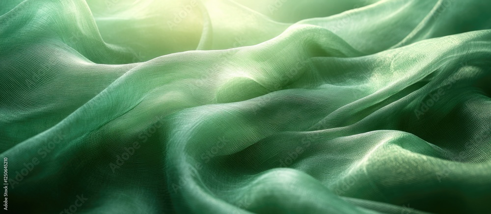 Poster translucent green wave curtains flowing gently in soft light, creating an elegant and calming atmosp