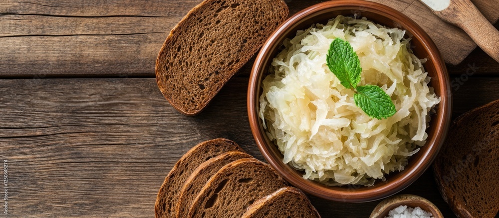 Poster sauerkraut with onions and mint leaves in a pottery bowl served with black bread on a rustic wooden 