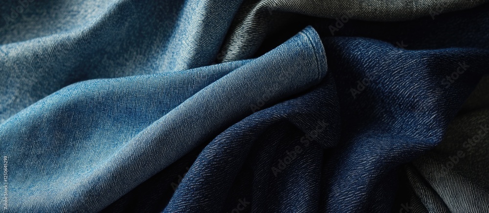 Poster blue denim fabric textures in various shades arranged in a visually appealing stack for fashion and 