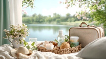 A tranquil outdoor scene showcasing a cozy picnic setup by the serene lake surrounded by lush greenery and a rustic charming ambiance   a perfect setting for a leisurely time with loved ones