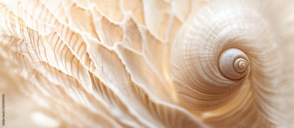 Aufkleber Intricate Spiral of a Sea Shell Showcasing Natural Texture and Patterns in Soft Beige and Cream Tones for Background and Design Use