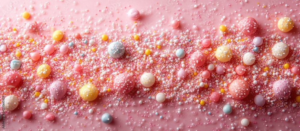 Poster colorful sprinkles scattered on a soft pink background creating a playful and vibrant textured surfa