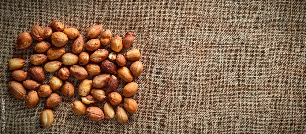 Aufkleber Roasted peanuts in shells and peeled varieties arranged on a textured brown fabric background for a rustic culinary setting.