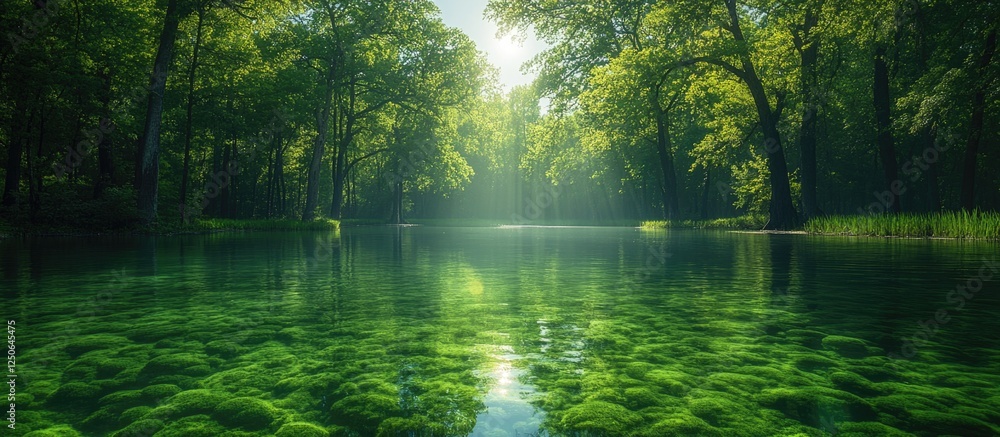 Poster lush green algae floating on the serene surface of a tranquil lake surrounded by vibrant trees and s