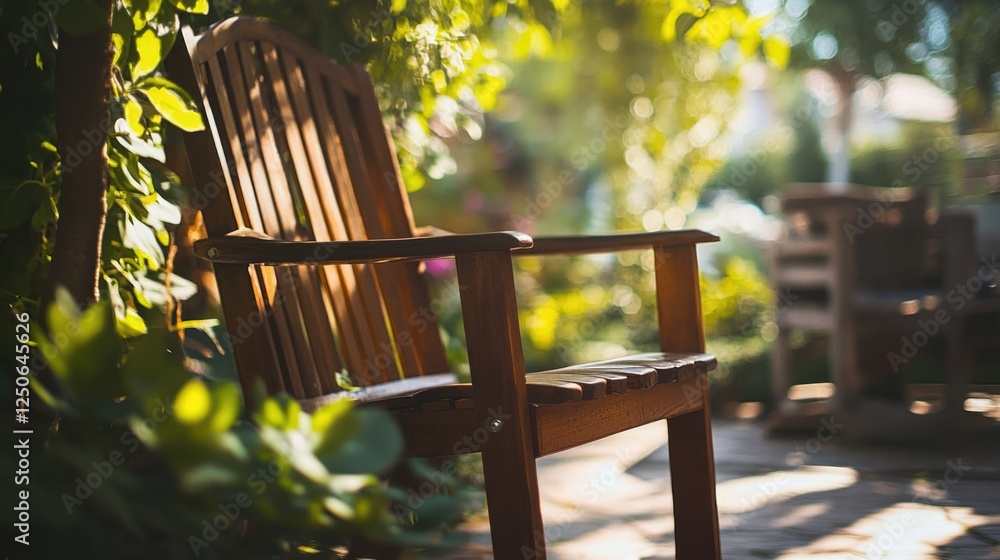 Poster close up of a rustic wooden chair in a lush garden setting emphasizing eco friendly design and natur