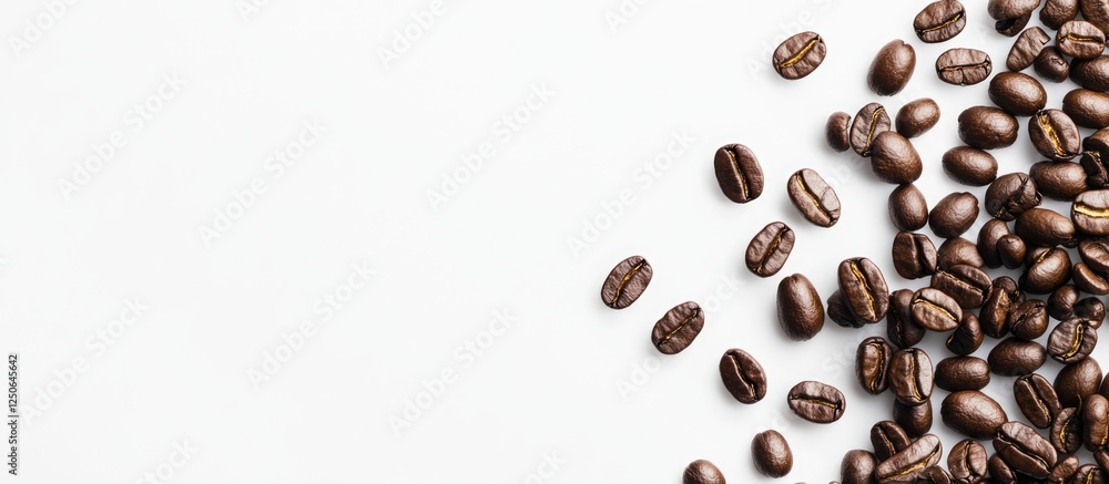 Poster roasted coffee beans scattered on a white background showcasing rich color and texture ideal for foo