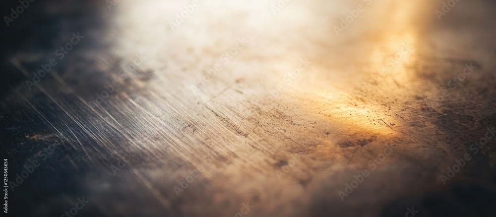 Poster Scratched metallic surface reflecting light with texture details and artistically blurred background for industrial design concepts.