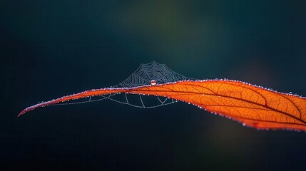 natural macro shot dewdrops contrast. Morning dew resting on silky spiderweb strands, illuminated by backlighting with sharp contrast against a shadowy background, natural elegance, macro focus