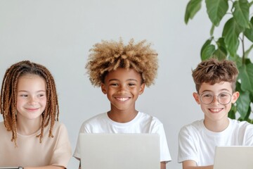 Collaborative Math Lab Diverse Teens with Laptops in Modern Classroom for Dynamic STEM Education and Creative Teamwork