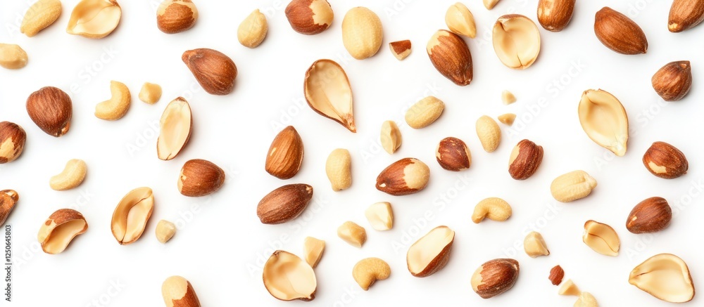 Poster scattered peanuts and their opened shells on a white background showcasing a natural snack arrangeme