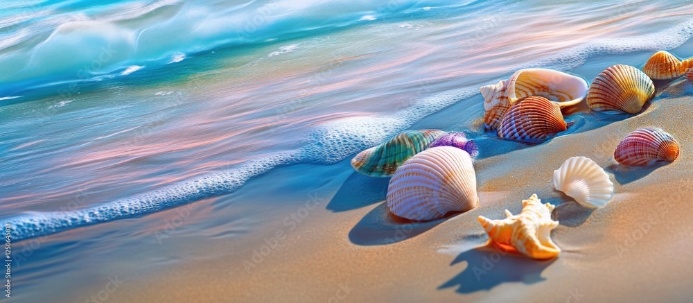 Poster colorful variety of sea shells on the beach with gentle waves creating a serene marine atmosphere