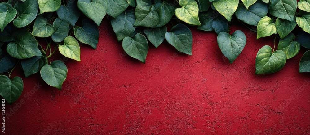 Poster lush green vines with drooping stems contrasting against a vibrant red textured wall creating a stri