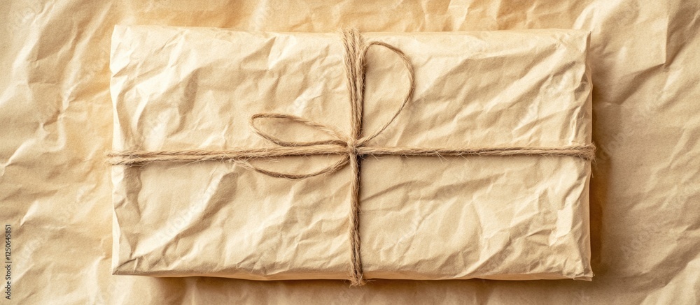 Poster Crumpled beige old craft paper package with twine on textured background for creative scrapbook or design projects copy space