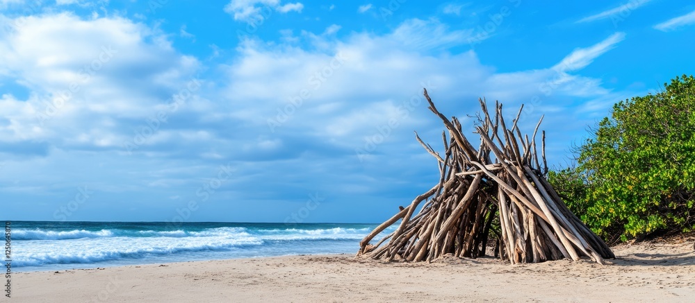 Poster sandy beach with driftwood structure under a blue sky surrounded by trees and gentle ocean waves in 