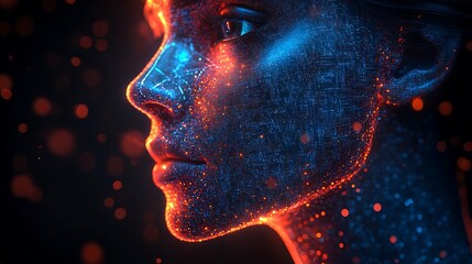 Abstract AI face with glowing cyber patterns and digital intelligence effects