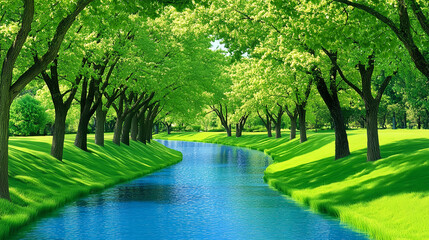 A beautiful forest with clear blue water in the middle, surrounded by trees and grass on both sides. A serene natural landscape, filled with the vibrant colors of green.  © Teeranan