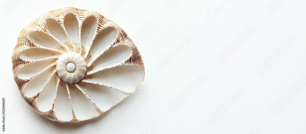 Poster Fossilized sea shell with intricate pattern isolated on white background showcasing natural beauty and marine elegance.