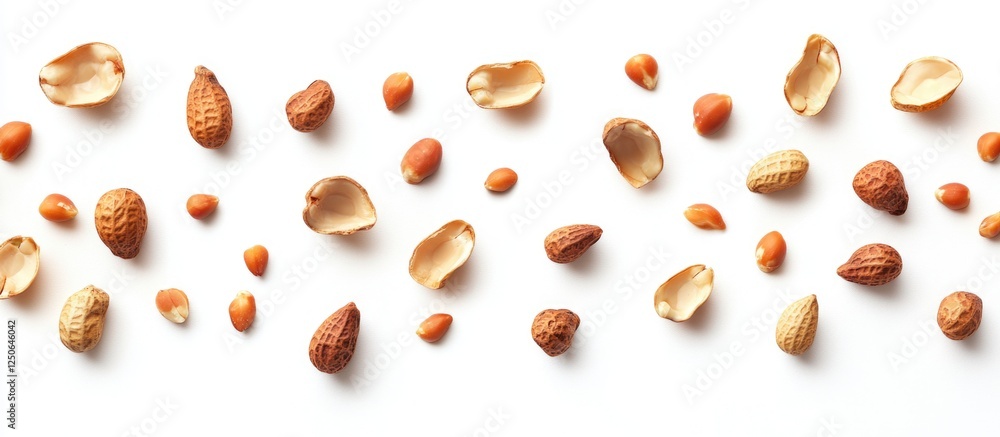 Poster Assorted peanuts and their opened shells arranged on a clean white background showcasing texture and natural designs