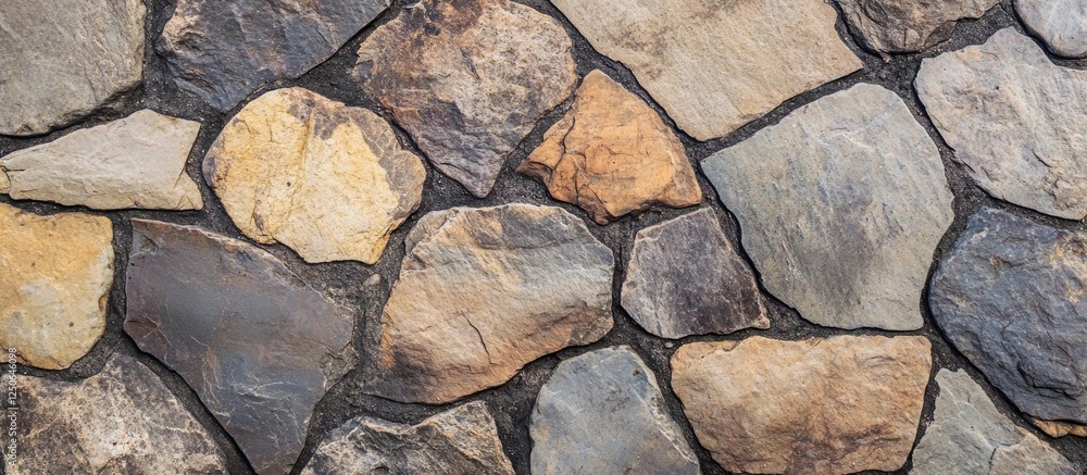 Poster detailed close-up of natural stone wall with varied textures and colors showcasing rustic charm and 