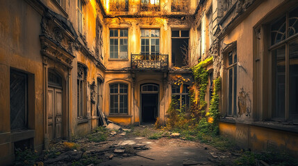 Fototapeta premium Abandoned Courtyard with Overgrown Vegetation and Deteriorating Walls