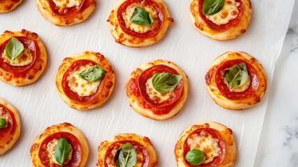 Delicious assorted mini pizzas topped with a variety of fresh ingredients for every taste.