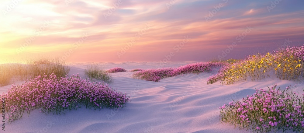 Poster serene sunset over rose-colored sand dunes adorned with vibrant pink and yellow flowers creating a t