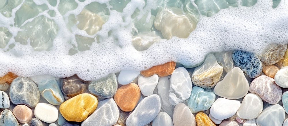 Poster Multicolored sea pebbles on a beach with gentle waves and foam creating a serene summer coastal scene.