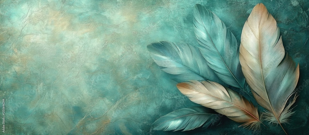 Poster turquoise vintage feather texture background with soft green tones and subtle highlights for creativ