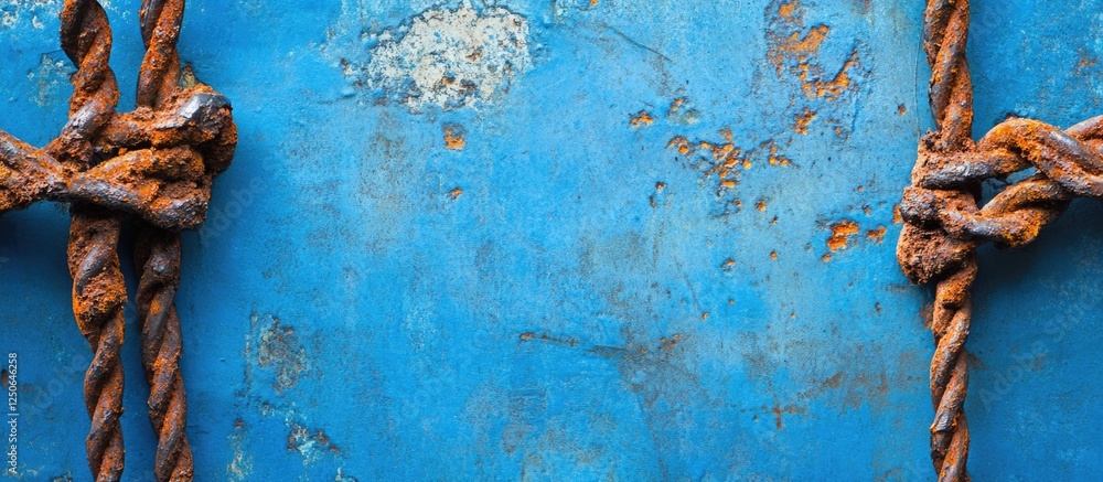 Aufkleber rusty metal fragments held by wire on vibrant blue surface with ample space for text or design eleme