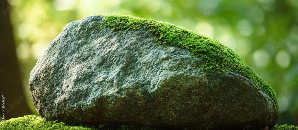 Poster moss covered rock in serene natural setting with blurred green background showcasing tranquility and