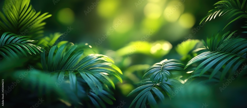 Poster lush green tropical forest background with soft light filtering through leaves creating a vibrant an