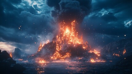 Naklejka premium Fiery Volcanic Eruption with Dark Cloudy Sky and Glowing Embers Over Water