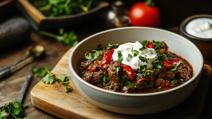 Delicious Hungarian Goulash with Sour Cream and Fresh Herbs Garnishing