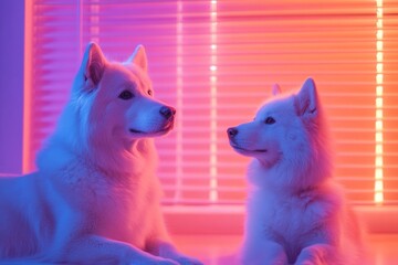 Tech Aesthetic Pet Duo Fluffy Dog with Futuristic Robotic Companion in Neon Glow - Modern Home Decor and Innovative Pet Products for Urban Millennials