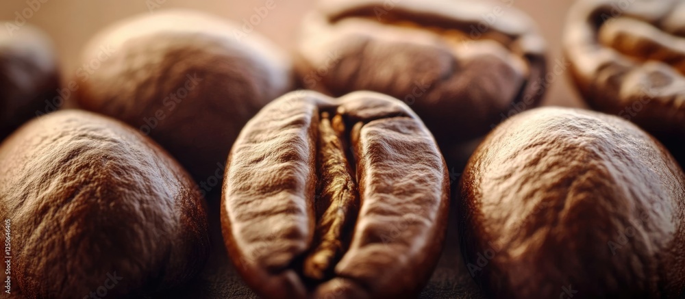 Poster Roasted coffee beans arranged aesthetically with ample copy space for text overlay in a warm, inviting background.